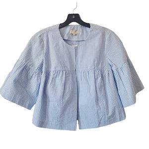 Loft Blue White Stripe Crop Jacket Hook Closure Seersucker Scoop Neck Size XS
